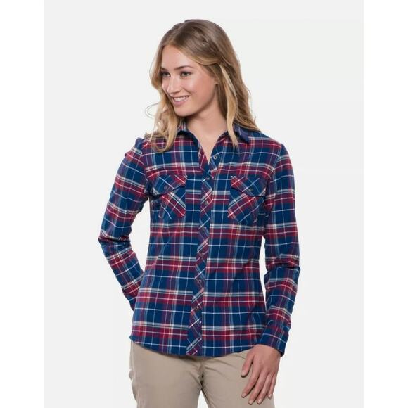 Kuhl Alina Flannel Shirt Womens Medium Blue Plaid Long Sleeve Button Up Outdoor - Picture 1 of 9